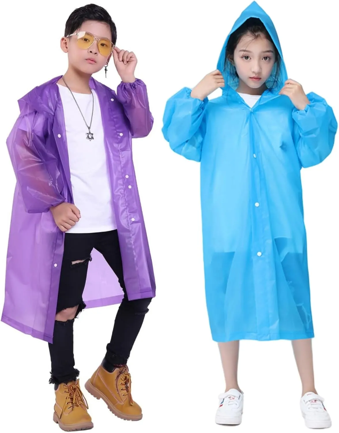 Raincoat Rain Poncho for Kids, 2-5 Pack Reusable EVA Rain Coats for 6-14 Boys Girls, Rain Jackets Gear with Hood