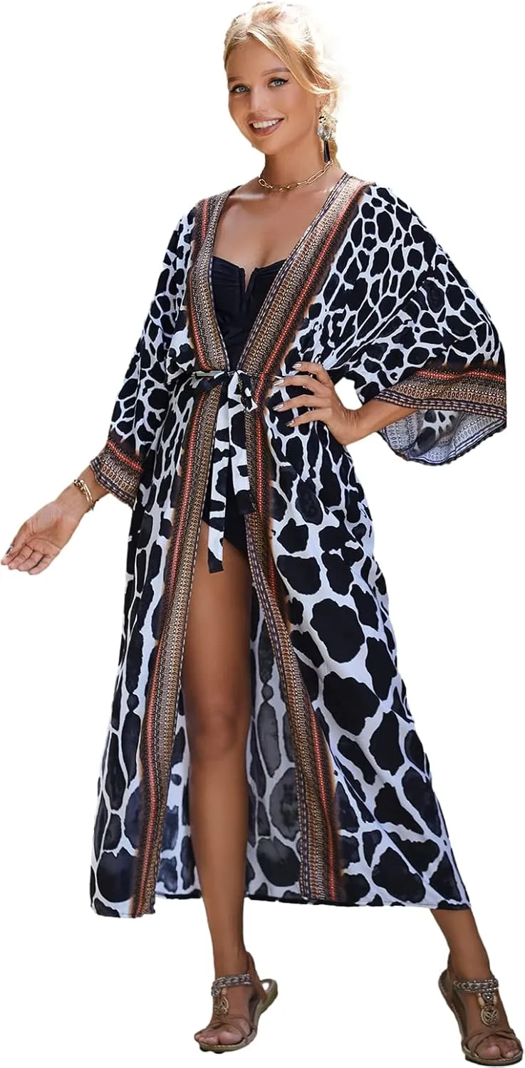 RanRui Womenloose Kimono Duster Beach Blouse Long Beach Kimono Robe Cover ups Kimonos for Women