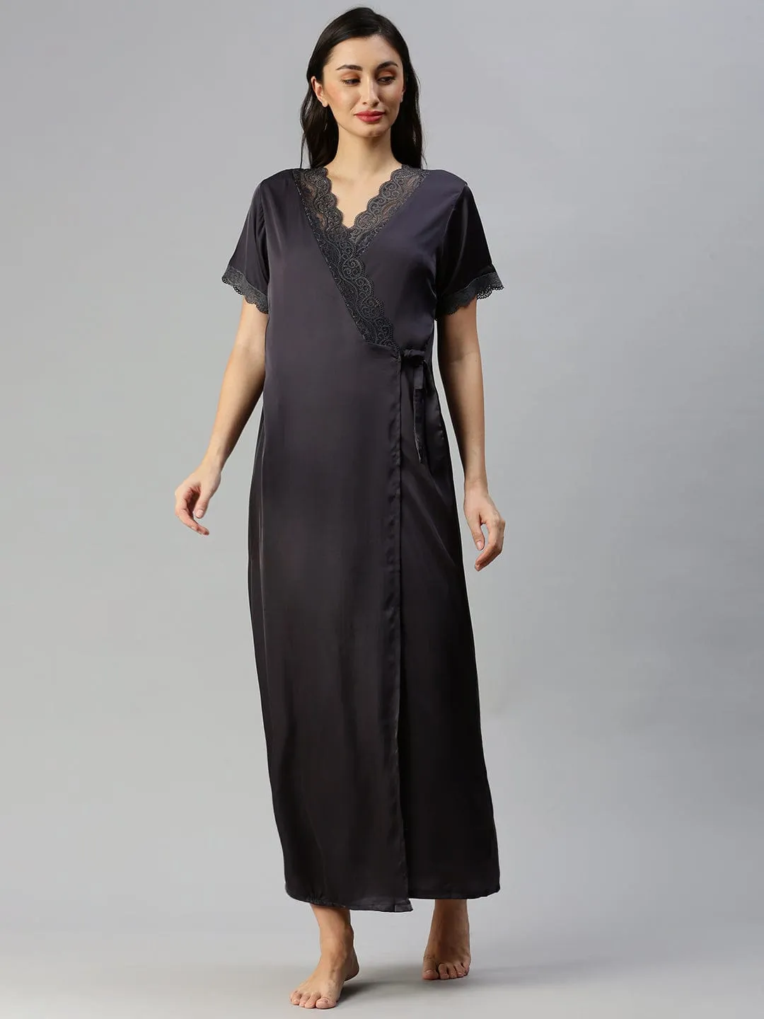 Satin luxury robe with Long Gown | Black