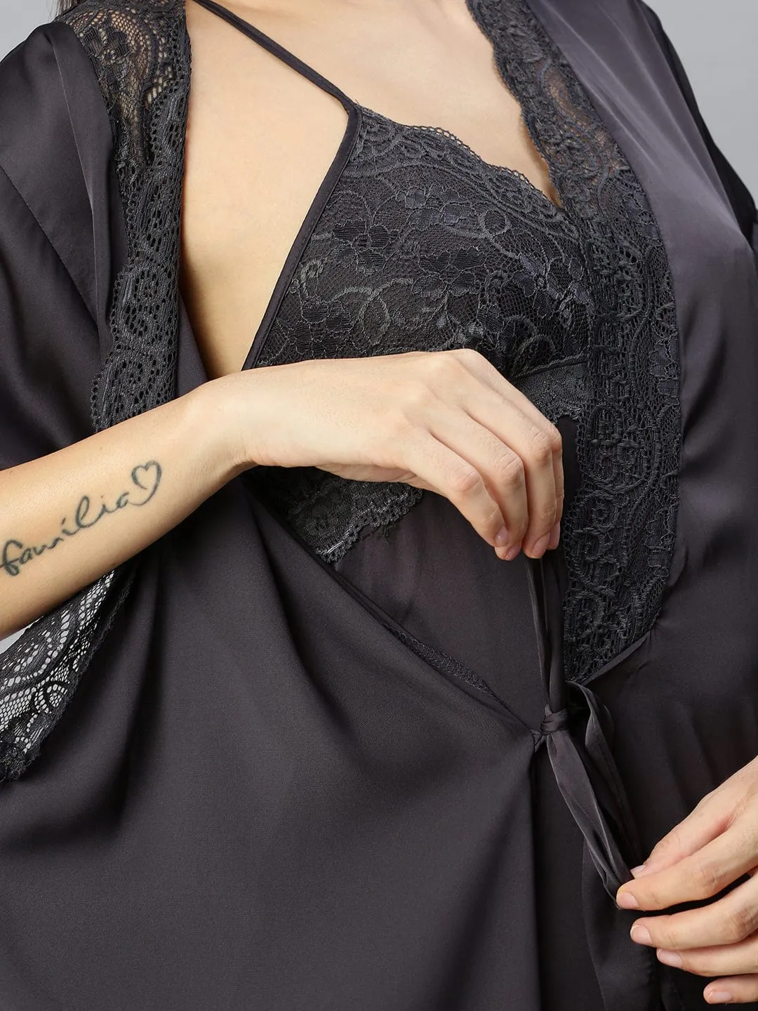 Satin luxury robe with Long Gown | Black
