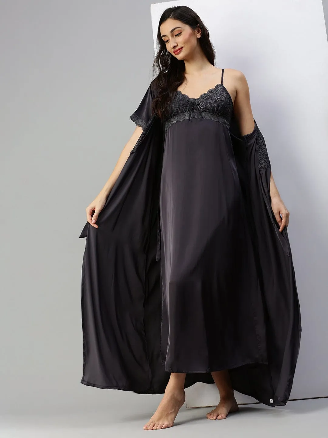 Satin luxury robe with Long Gown | Black