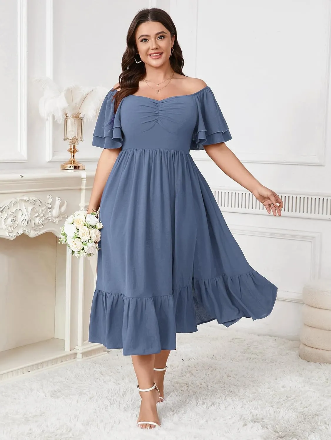 SCOMCHIC Womens Plus Size Wedding Guest Cocktail Dresses Sweetheart Neckline Short Sleeve Smocked Ruffle Slit Maxi Dress