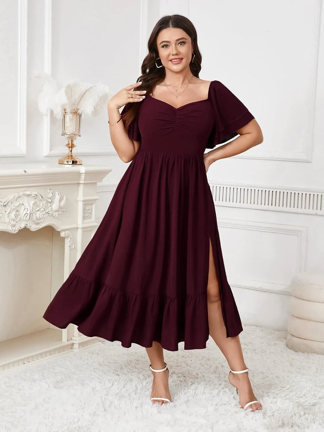 SCOMCHIC Womens Plus Size Wedding Guest Cocktail Dresses Sweetheart Neckline Short Sleeve Smocked Ruffle Slit Maxi Dress