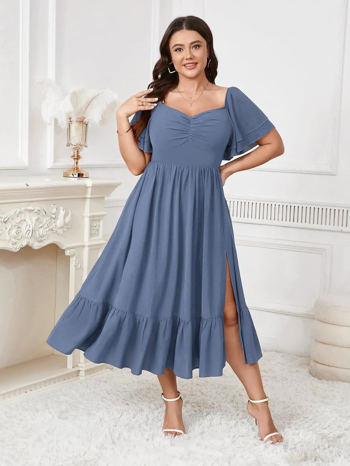 SCOMCHIC Womens Plus Size Wedding Guest Cocktail Dresses Sweetheart Neckline Short Sleeve Smocked Ruffle Slit Maxi Dress