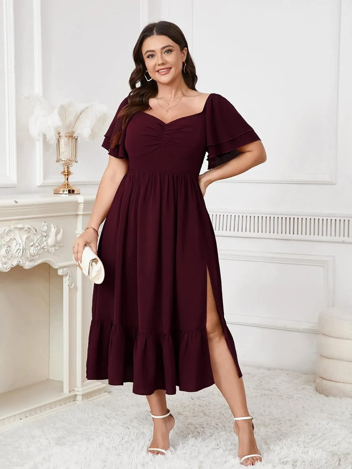 SCOMCHIC Womens Plus Size Wedding Guest Cocktail Dresses Sweetheart Neckline Short Sleeve Smocked Ruffle Slit Maxi Dress