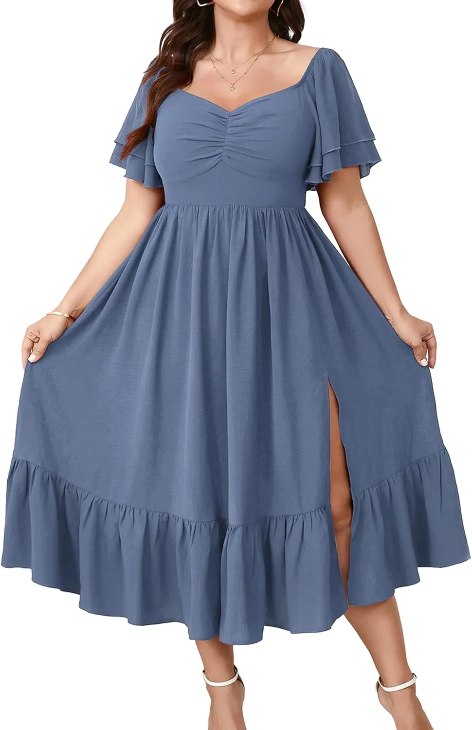 SCOMCHIC Womens Plus Size Wedding Guest Cocktail Dresses Sweetheart Neckline Short Sleeve Smocked Ruffle Slit Maxi Dress