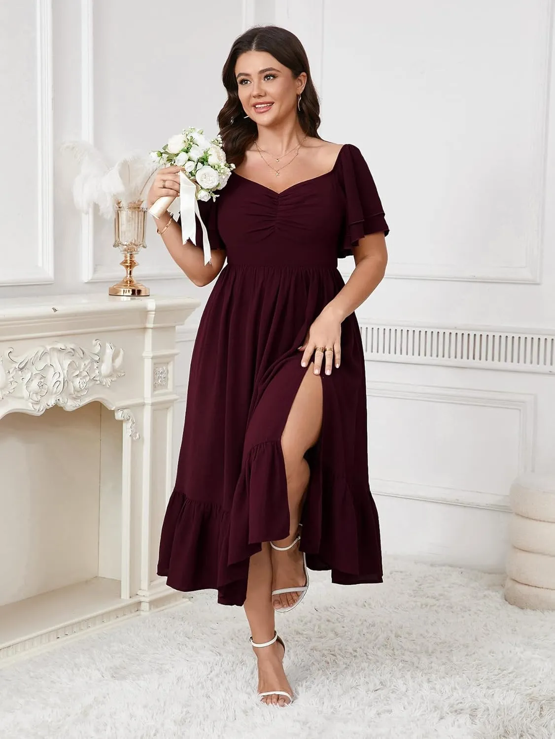 SCOMCHIC Womens Plus Size Wedding Guest Cocktail Dresses Sweetheart Neckline Short Sleeve Smocked Ruffle Slit Maxi Dress