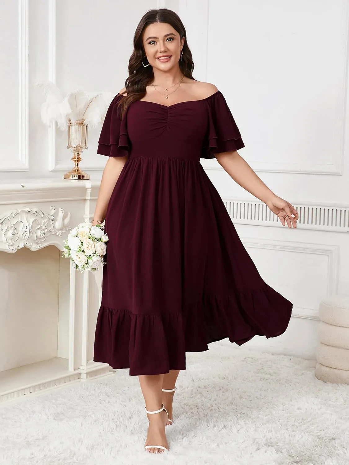 SCOMCHIC Womens Plus Size Wedding Guest Cocktail Dresses Sweetheart Neckline Short Sleeve Smocked Ruffle Slit Maxi Dress