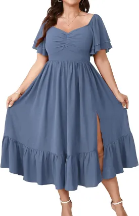 SCOMCHIC Womens Plus Size Wedding Guest Cocktail Dresses Sweetheart Neckline Short Sleeve Smocked Ruffle Slit Maxi Dress