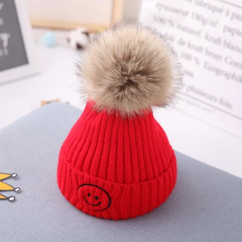 Smiley Pom Pom Baby Winter Cap - Red
