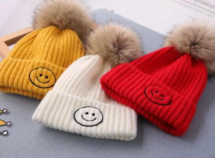 Smiley Pom Pom Baby Winter Cap - Red