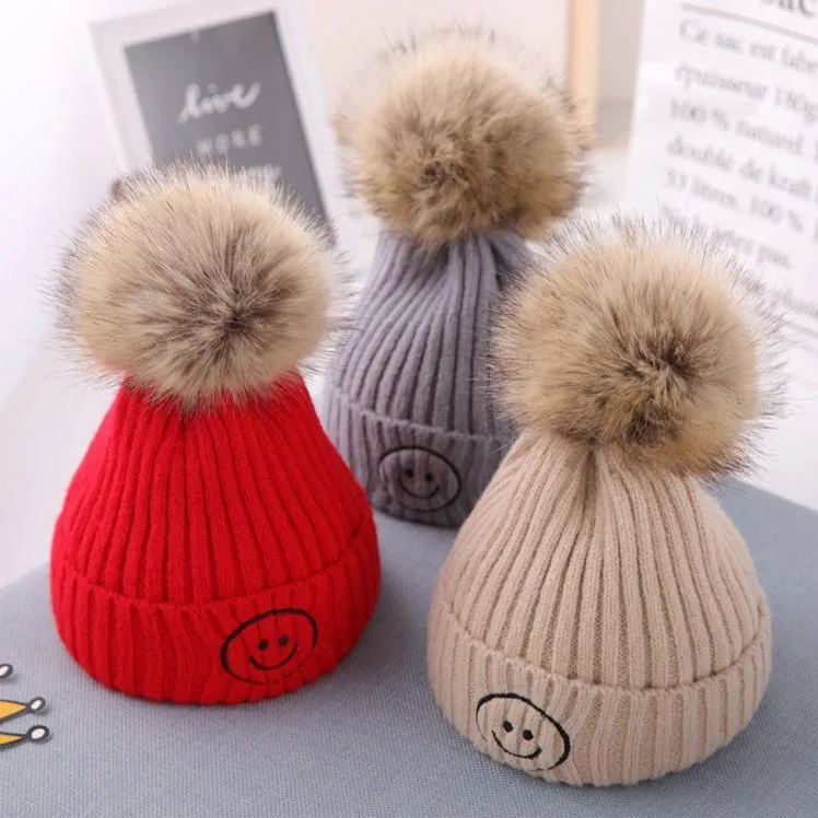 Smiley Pom Pom Baby Winter Cap - Red