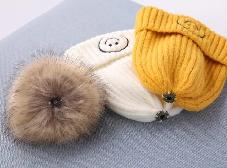 Smiley Pom Pom Baby Winter Cap - Red