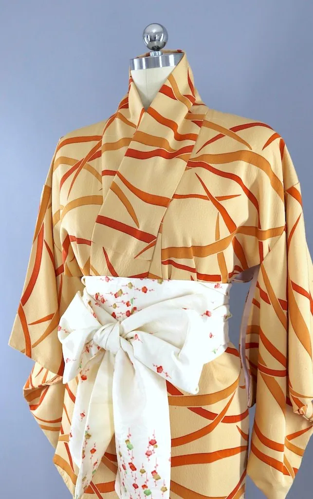 Vintage Ivory & Orange Silk Kimono Robe