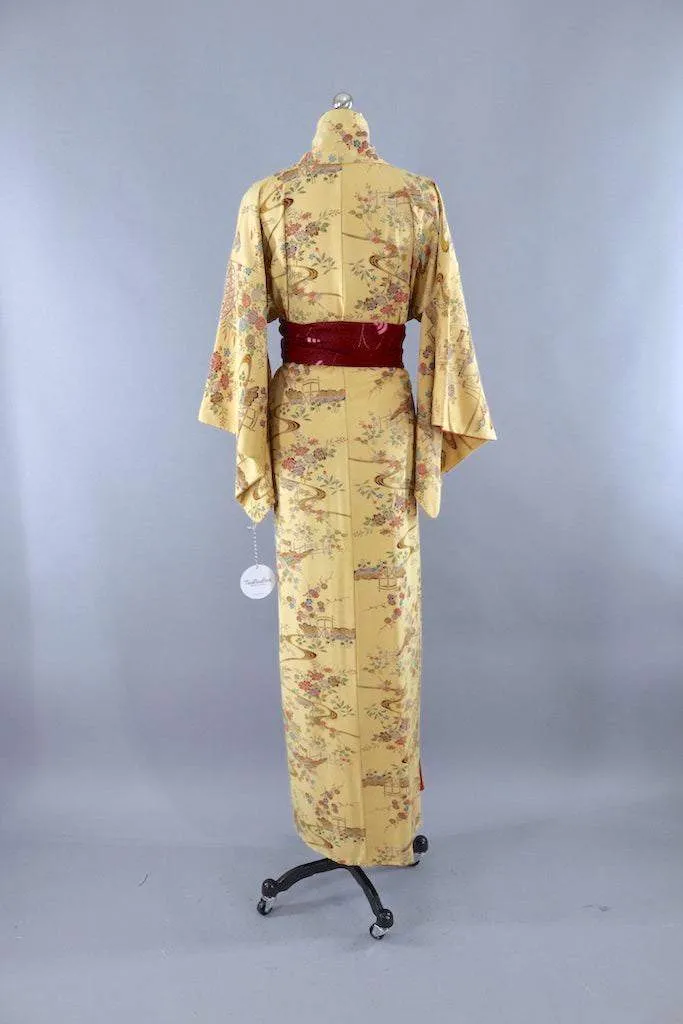 Vintage Village Print Silk Kimono Robe