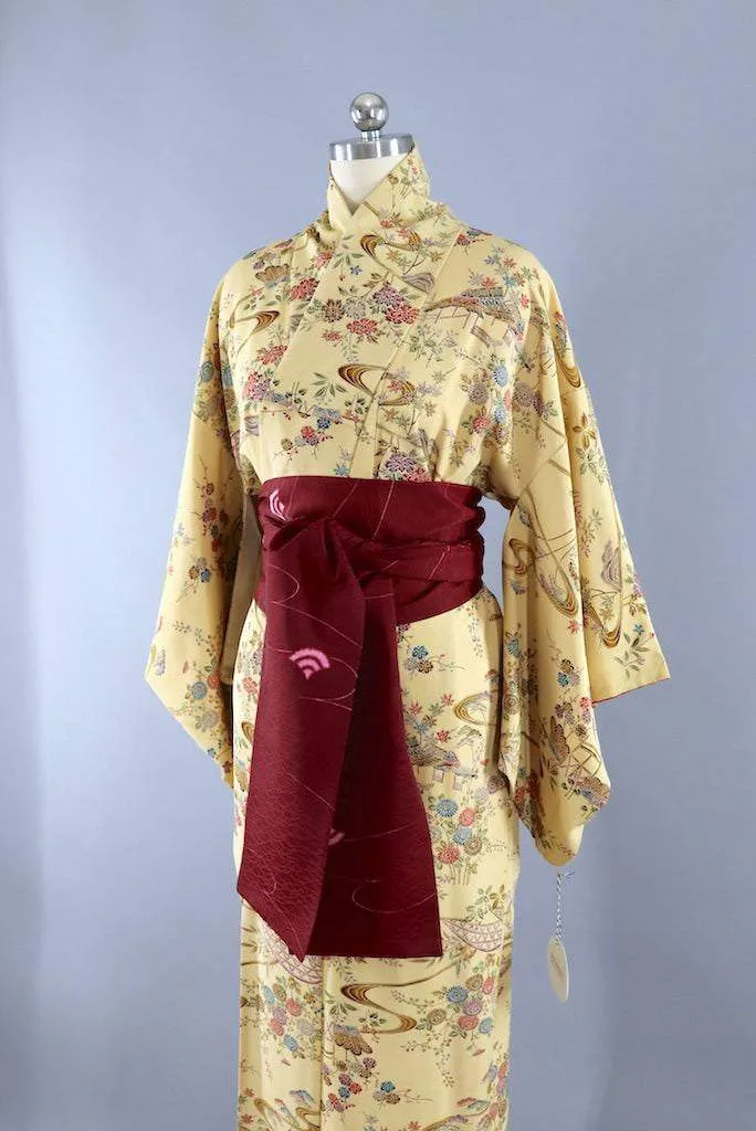 Vintage Village Print Silk Kimono Robe