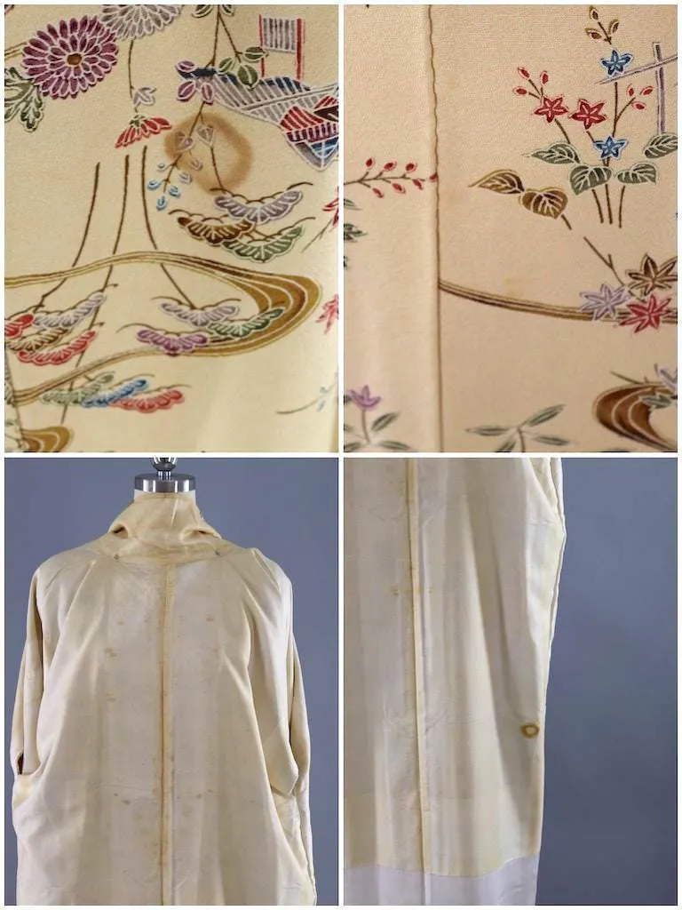 Vintage Village Print Silk Kimono Robe