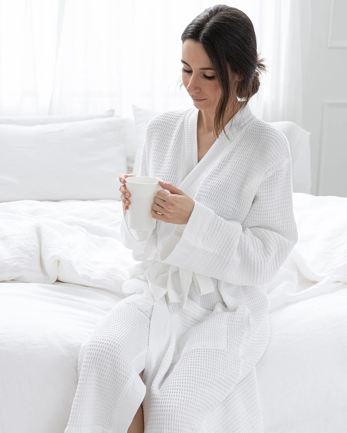 Washed Cotton/Bamboo Waffle Robe White