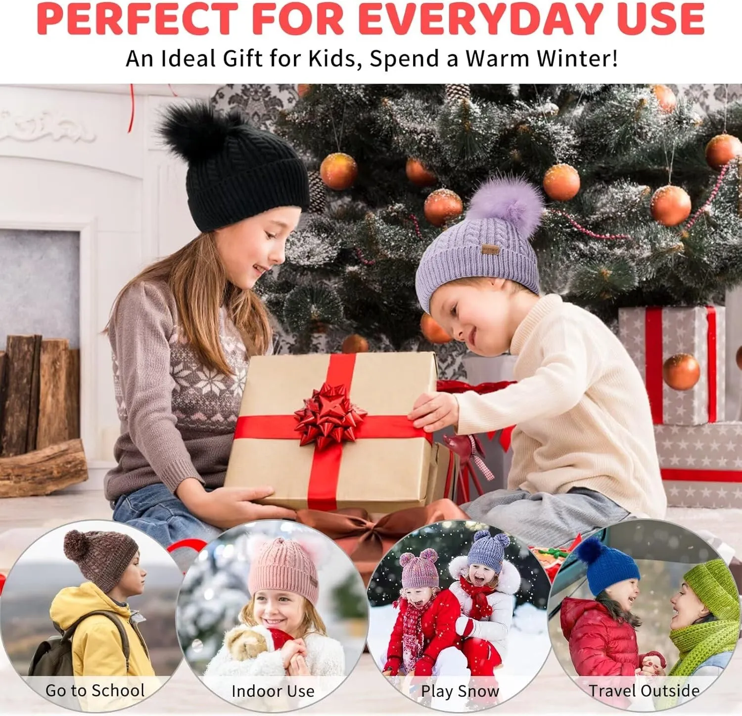 Winter Hat for Kids Toddler Children, Girls Beanie with Double Pom Pom Warm Fleece Lined, Girls Accessories Knit Beanies Cap