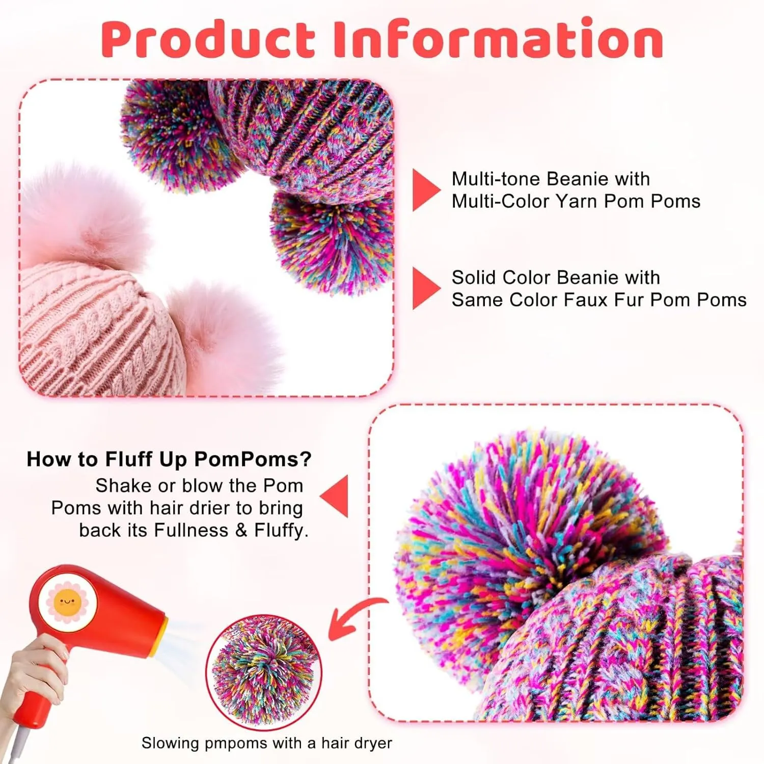Winter Hat for Kids Toddler Children, Girls Beanie with Double Pom Pom Warm Fleece Lined, Girls Accessories Knit Beanies Cap