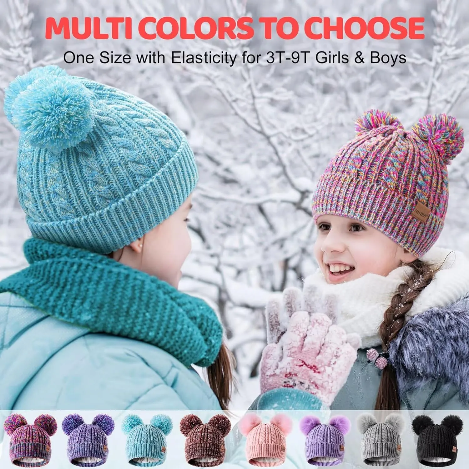 Winter Hat for Kids Toddler Children, Girls Beanie with Double Pom Pom Warm Fleece Lined, Girls Accessories Knit Beanies Cap