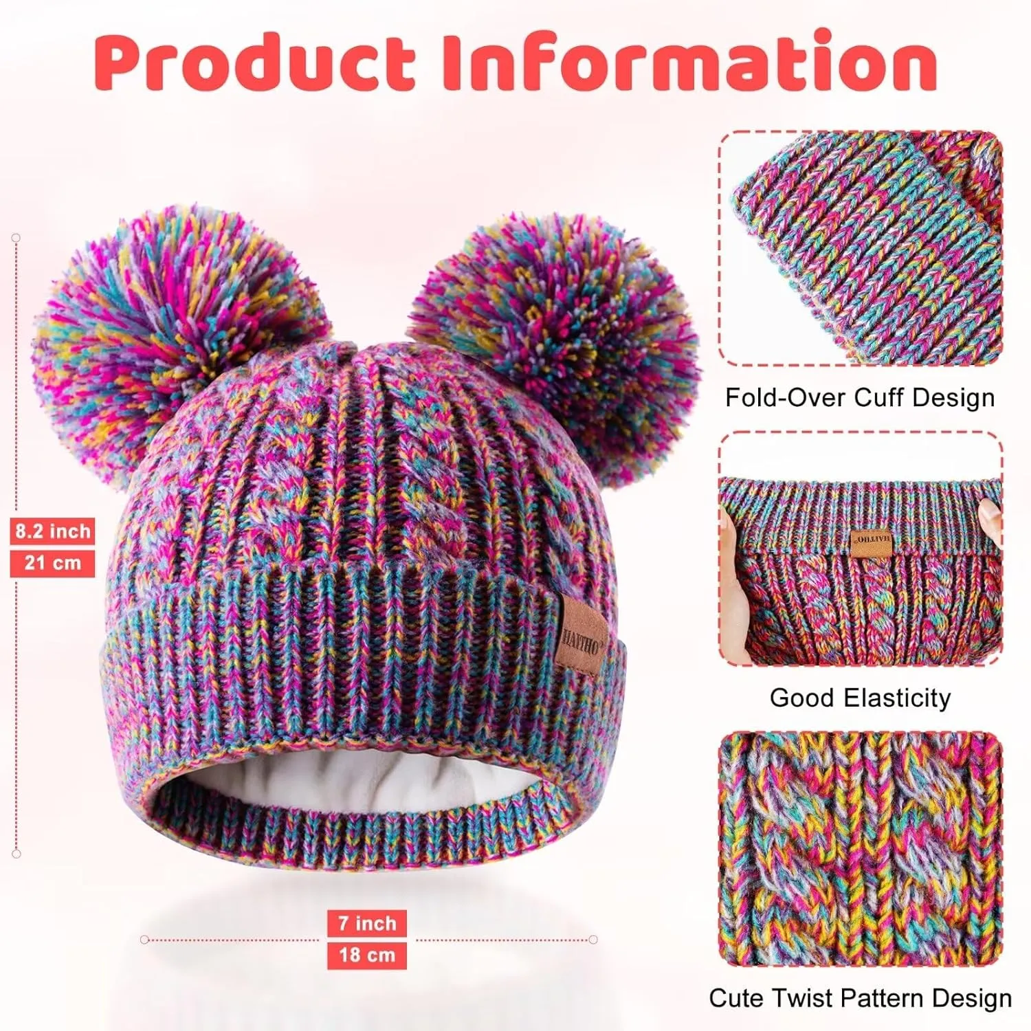 Winter Hat for Kids Toddler Children, Girls Beanie with Double Pom Pom Warm Fleece Lined, Girls Accessories Knit Beanies Cap