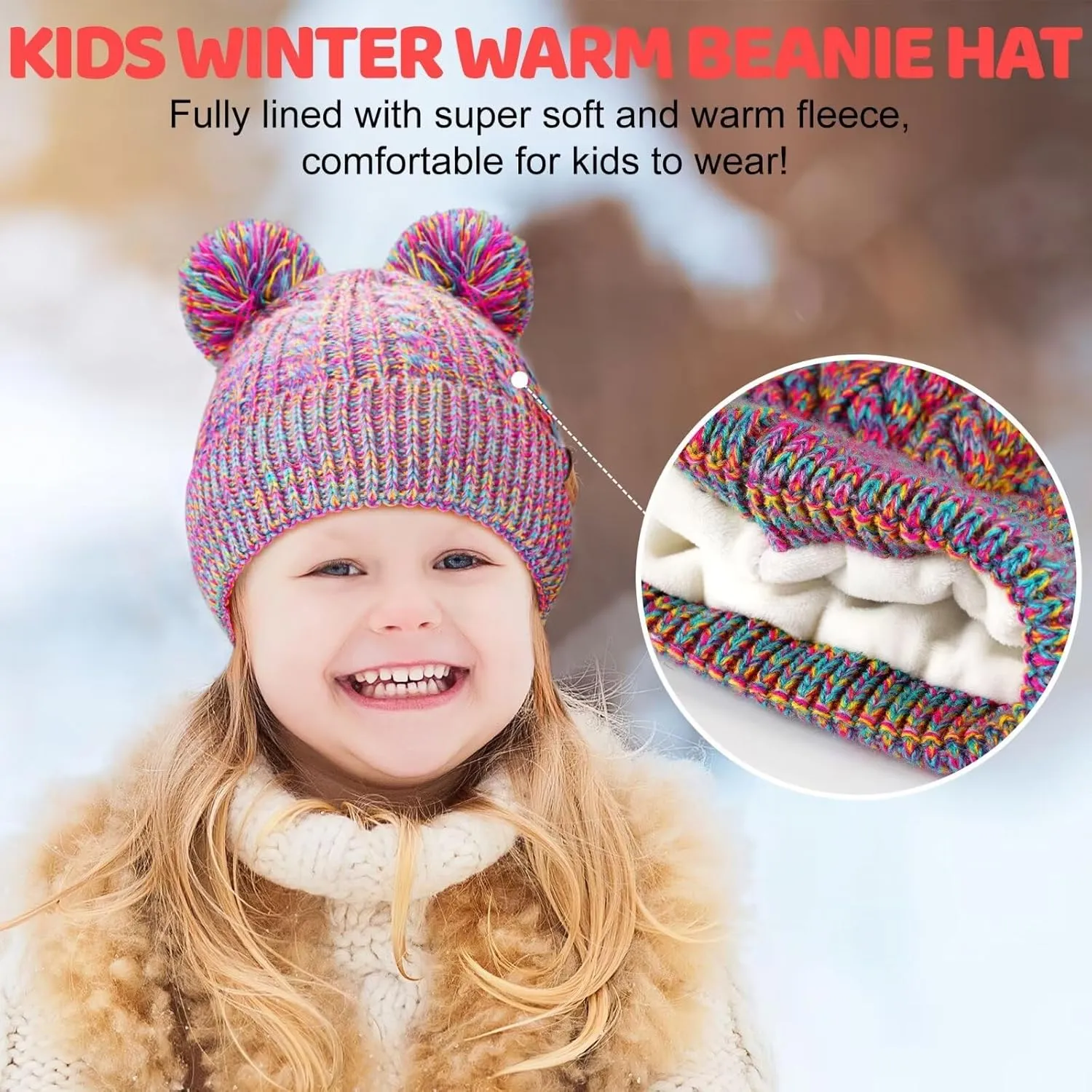 Winter Hat for Kids Toddler Children, Girls Beanie with Double Pom Pom Warm Fleece Lined, Girls Accessories Knit Beanies Cap