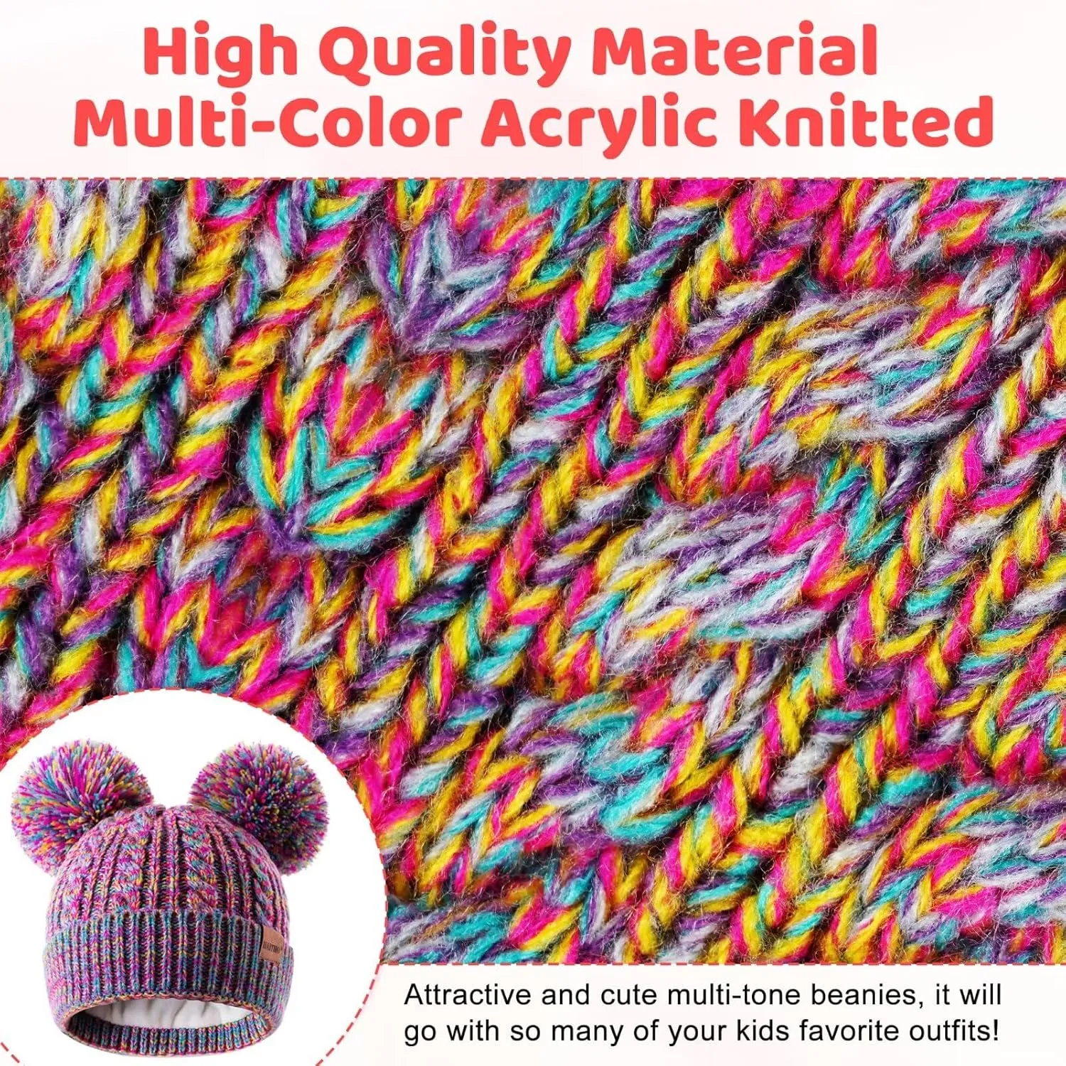 Winter Hat for Kids Toddler Children, Girls Beanie with Double Pom Pom Warm Fleece Lined, Girls Accessories Knit Beanies Cap