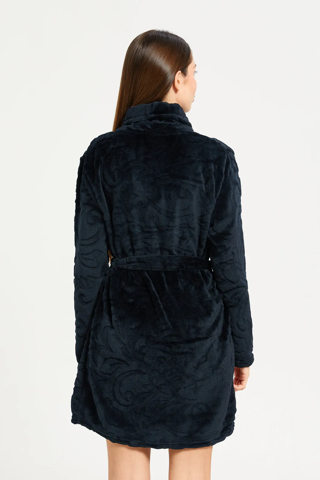 Women Black Jacquard Fur Robe With Drawstring Waist