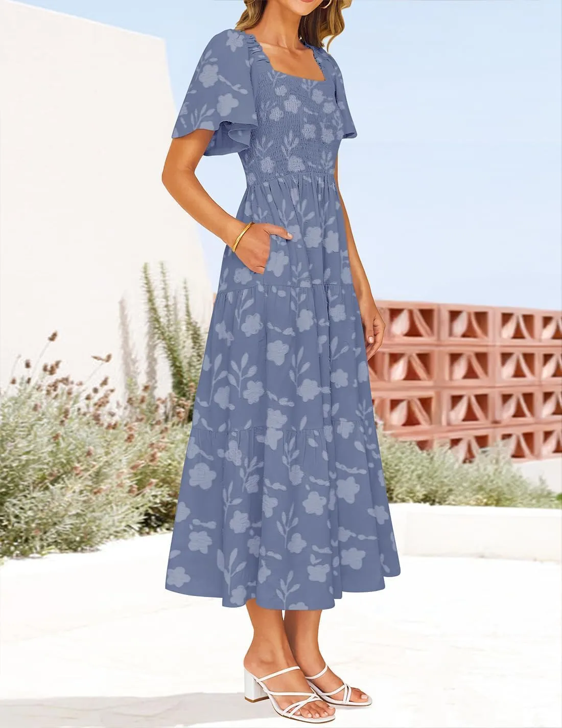 ZESICA Women's Summer Boho Floral Midi Dresses 2025 Casual Short Sleeve Square Neck Flowy Beach Vacation Long Dress