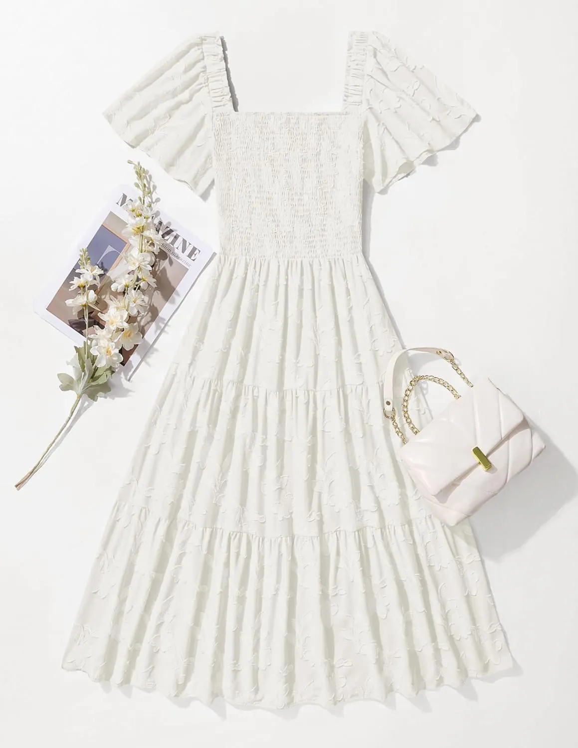 ZESICA Women's Summer Boho Floral Midi Dresses 2025 Casual Short Sleeve Square Neck Flowy Beach Vacation Long Dress