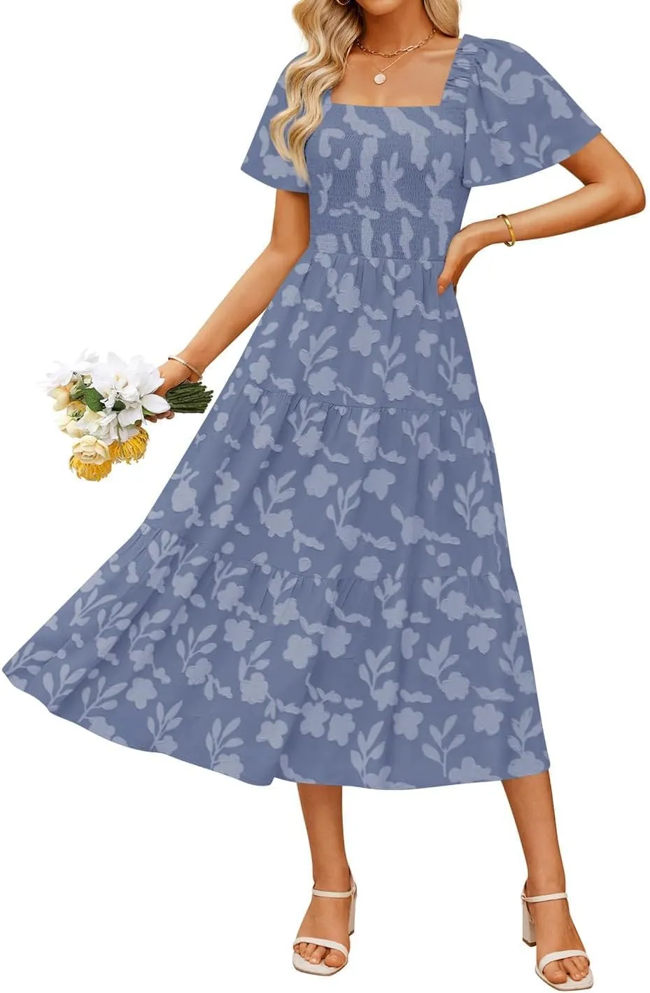 ZESICA Women's Summer Boho Floral Midi Dresses 2025 Casual Short Sleeve Square Neck Flowy Beach Vacation Long Dress