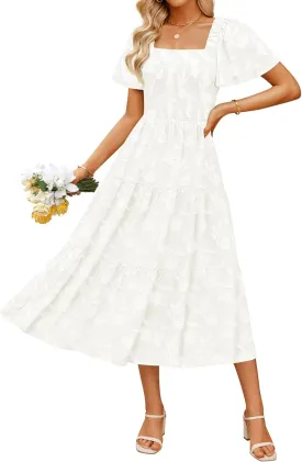 ZESICA Women's Summer Boho Floral Midi Dresses 2025 Casual Short Sleeve Square Neck Flowy Beach Vacation Long Dress