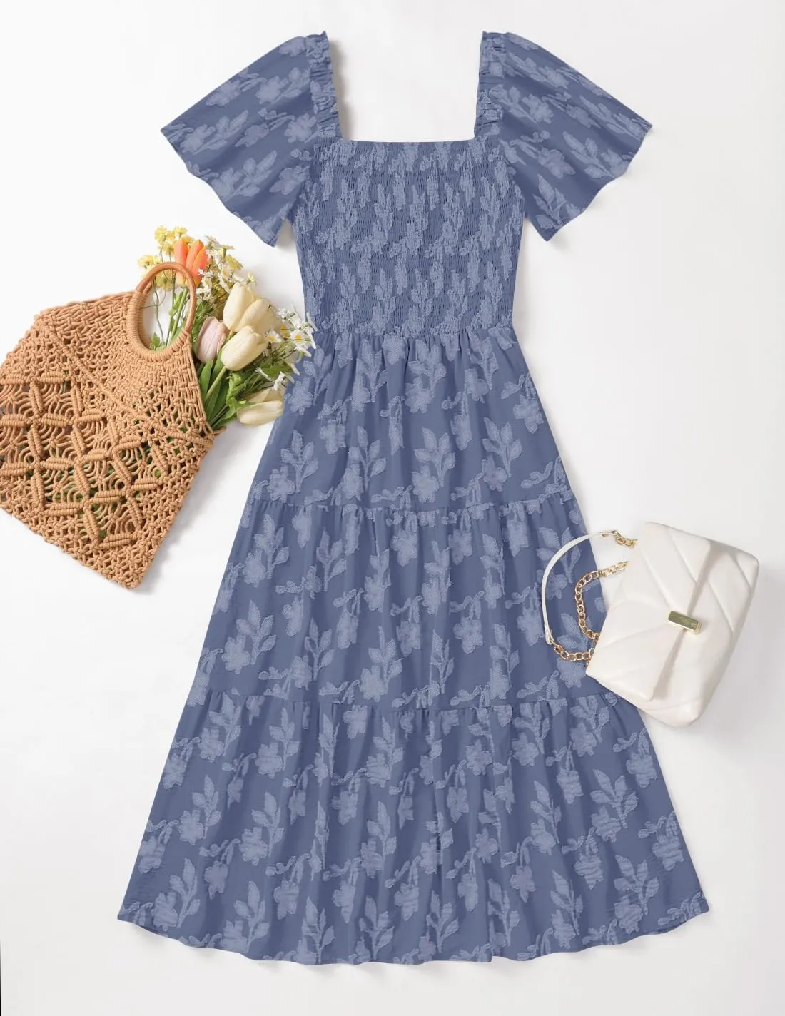 ZESICA Women's Summer Boho Floral Midi Dresses 2025 Casual Short Sleeve Square Neck Flowy Beach Vacation Long Dress
