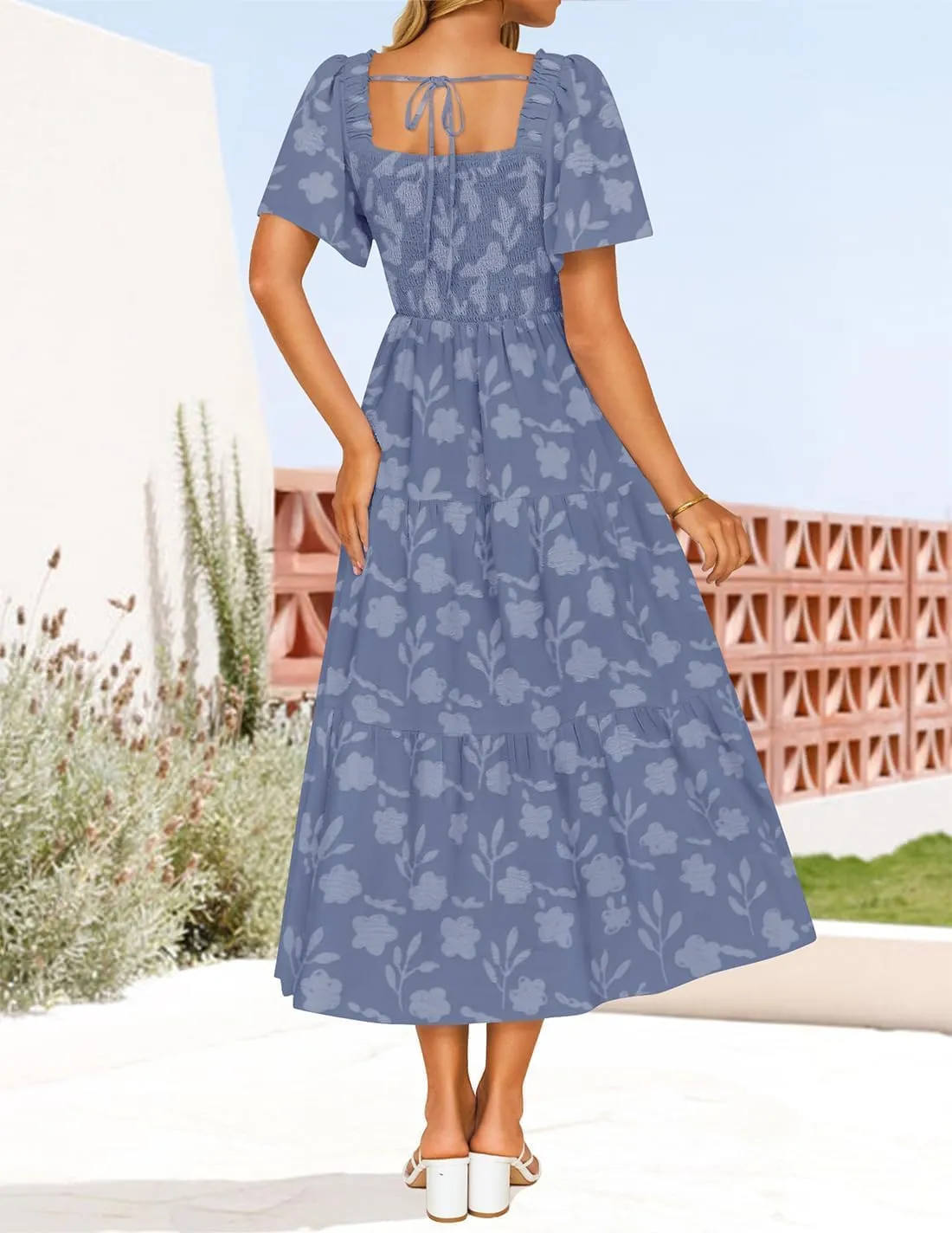 ZESICA Women's Summer Boho Floral Midi Dresses 2025 Casual Short Sleeve Square Neck Flowy Beach Vacation Long Dress