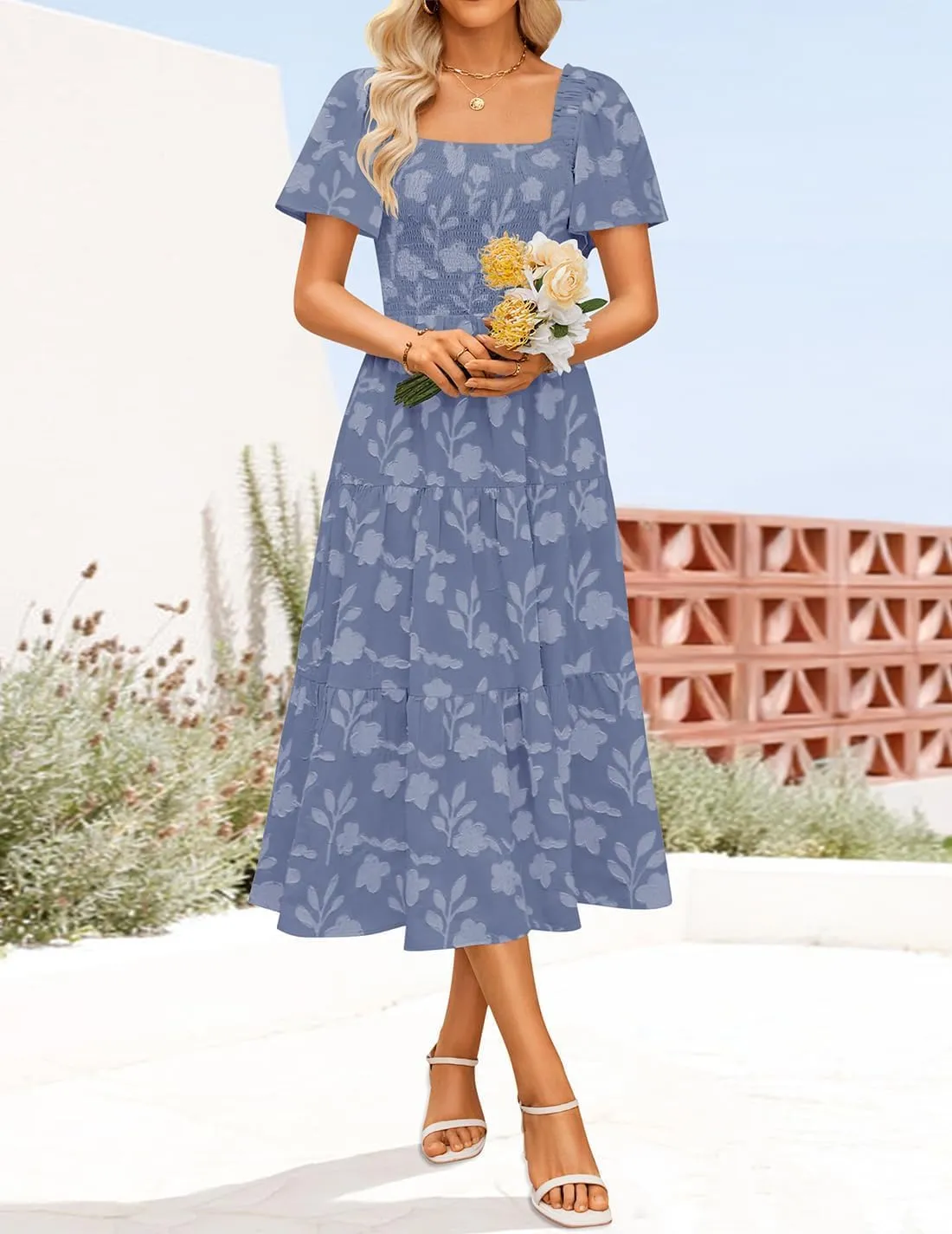 ZESICA Women's Summer Boho Floral Midi Dresses 2025 Casual Short Sleeve Square Neck Flowy Beach Vacation Long Dress