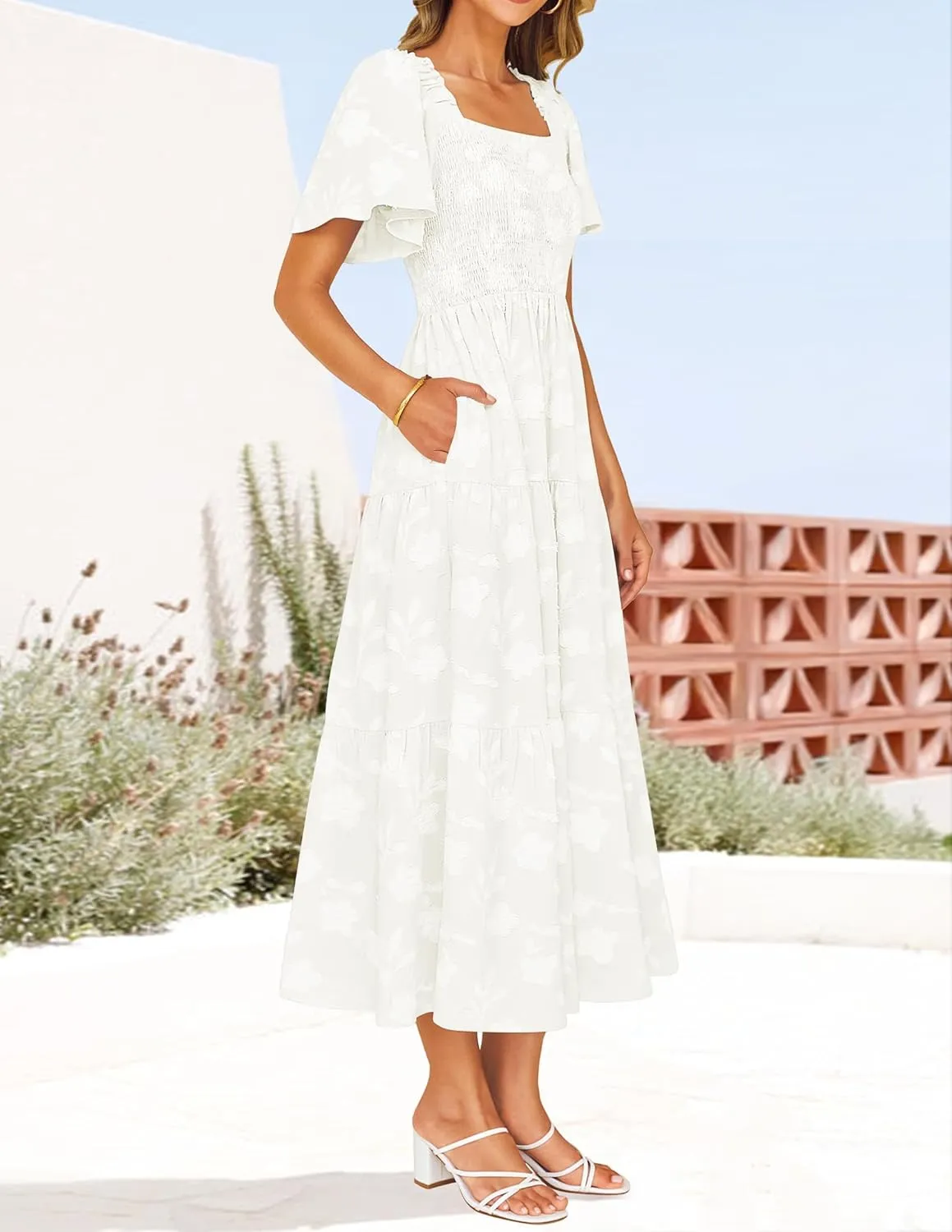 ZESICA Women's Summer Boho Floral Midi Dresses 2025 Casual Short Sleeve Square Neck Flowy Beach Vacation Long Dress