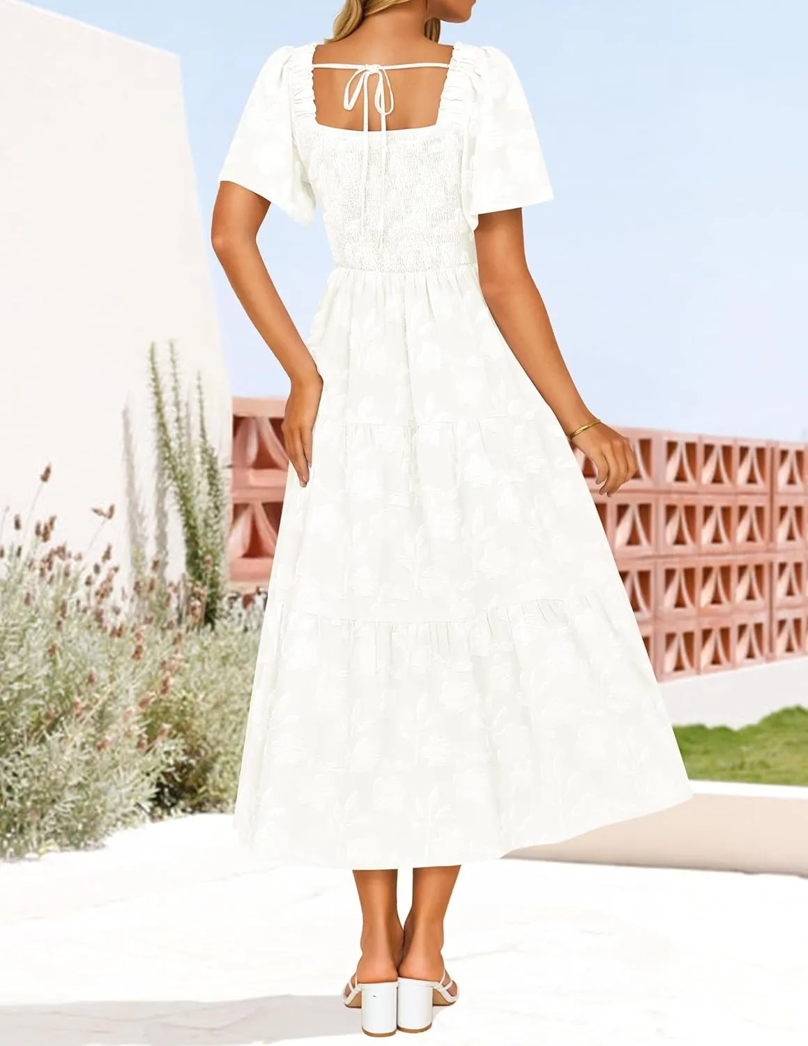 ZESICA Women's Summer Boho Floral Midi Dresses 2025 Casual Short Sleeve Square Neck Flowy Beach Vacation Long Dress