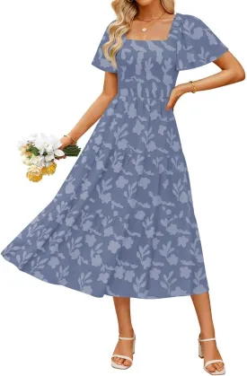 ZESICA Women's Summer Boho Floral Midi Dresses 2025 Casual Short Sleeve Square Neck Flowy Beach Vacation Long Dress