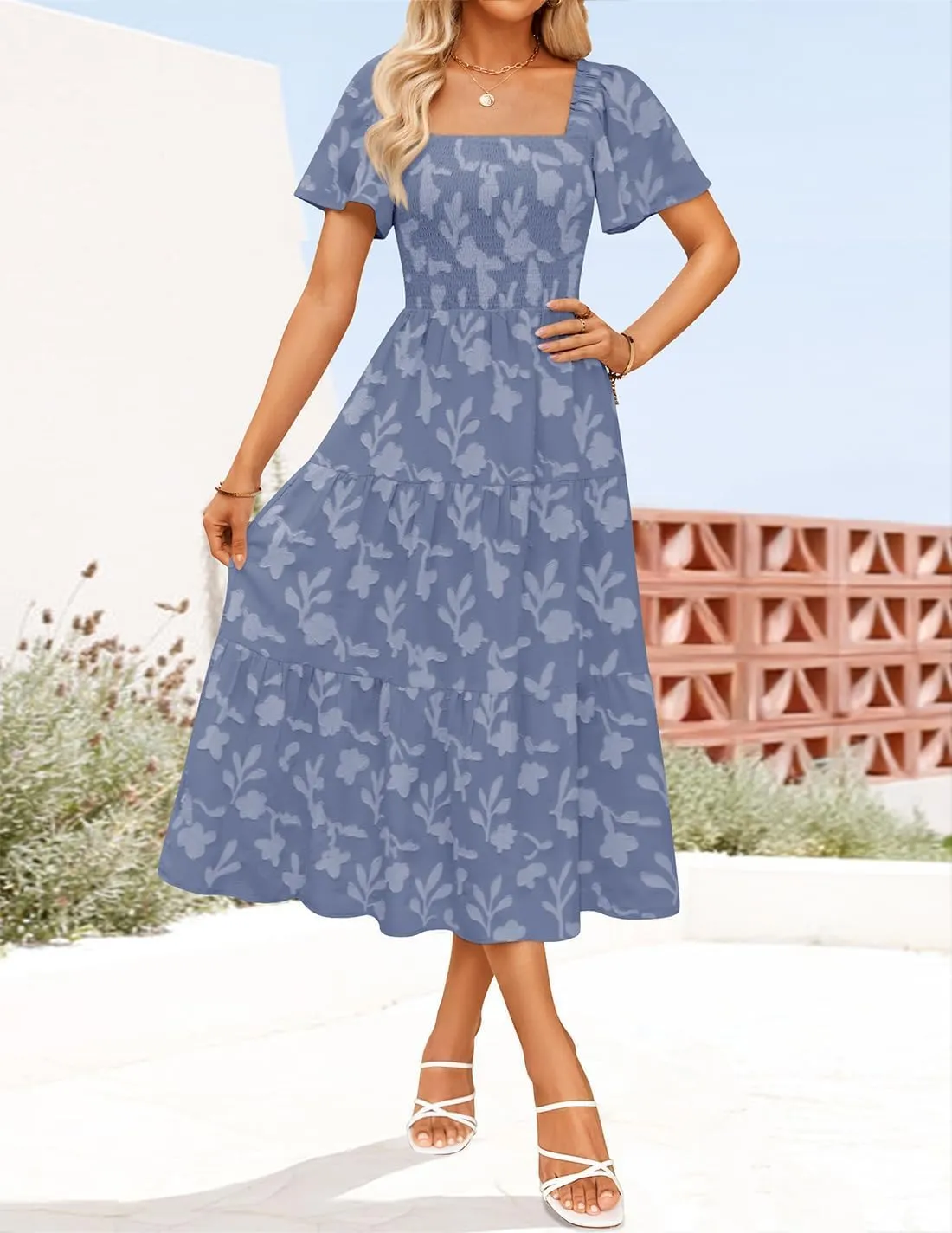 ZESICA Women's Summer Boho Floral Midi Dresses 2025 Casual Short Sleeve Square Neck Flowy Beach Vacation Long Dress