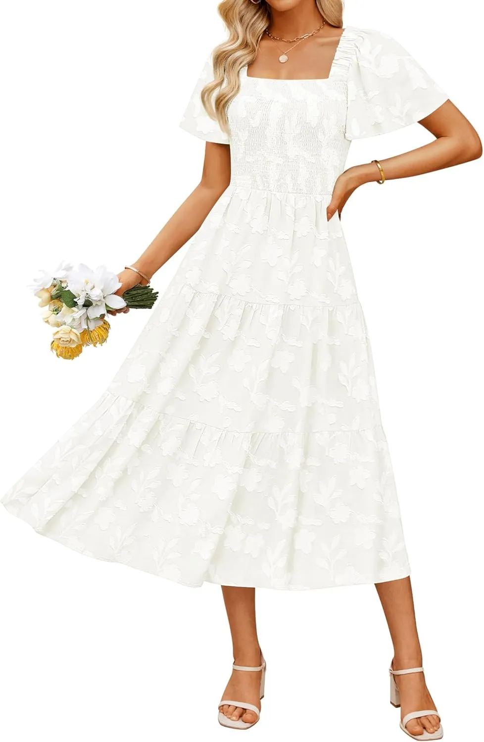 ZESICA Women's Summer Boho Floral Midi Dresses 2025 Casual Short Sleeve Square Neck Flowy Beach Vacation Long Dress