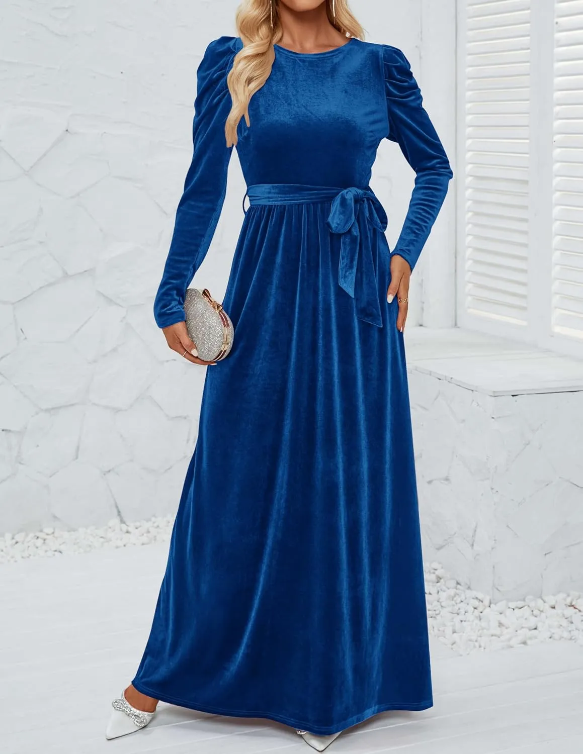 ZESICA Women's Velvet Maxi Dress Long Puff Sleeve Crew Neck Elastic High Waist Cocktail Party Bridesmaid Dresses