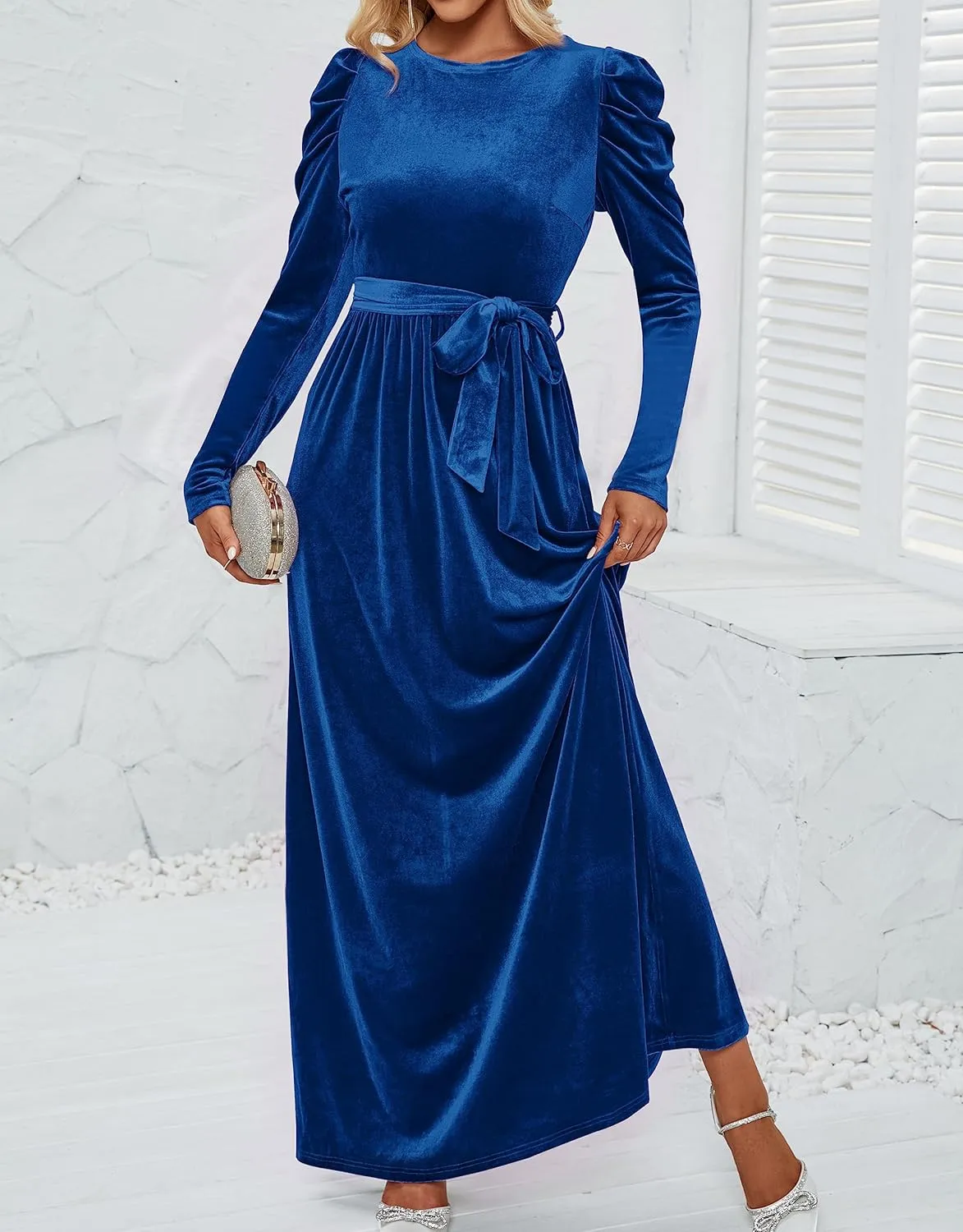 ZESICA Women's Velvet Maxi Dress Long Puff Sleeve Crew Neck Elastic High Waist Cocktail Party Bridesmaid Dresses