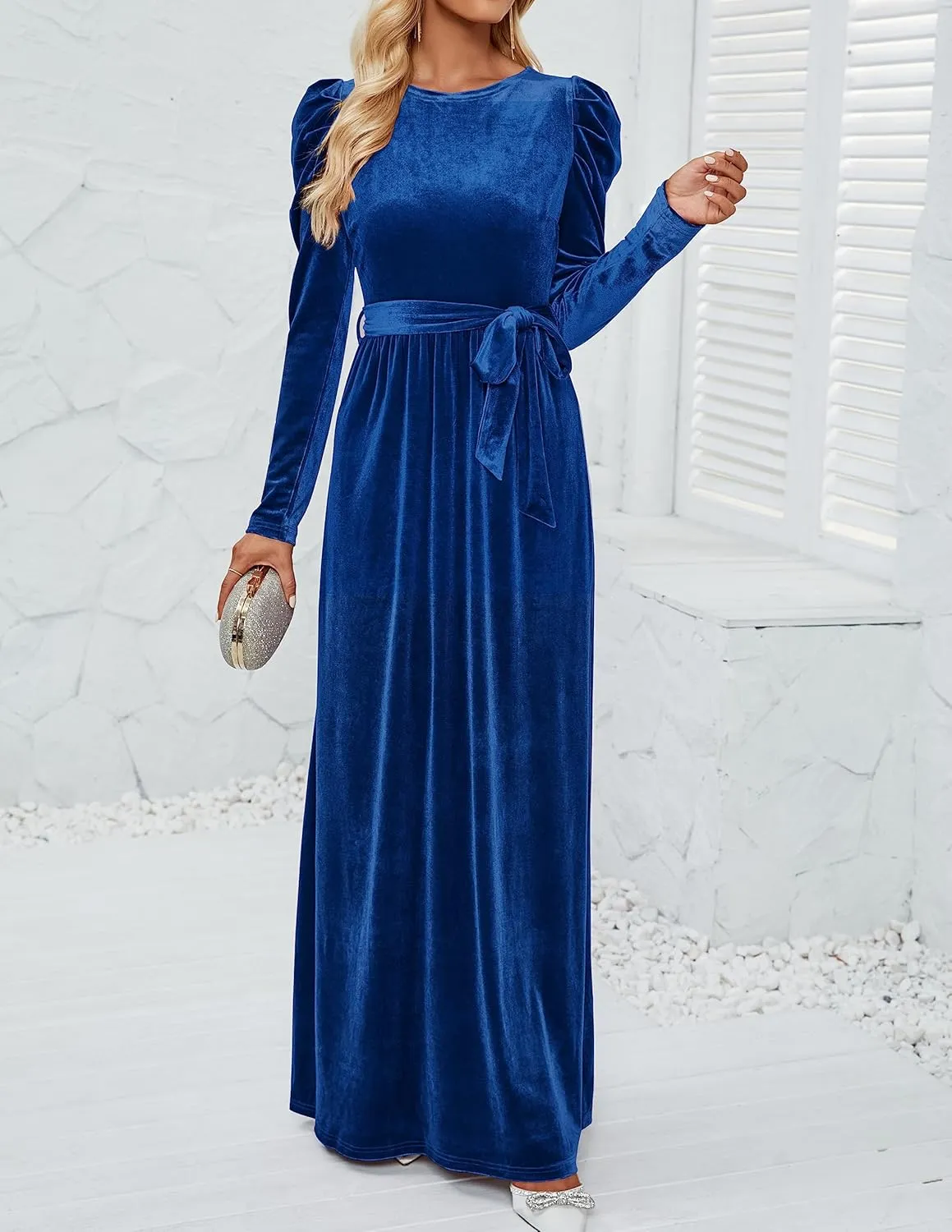 ZESICA Women's Velvet Maxi Dress Long Puff Sleeve Crew Neck Elastic High Waist Cocktail Party Bridesmaid Dresses