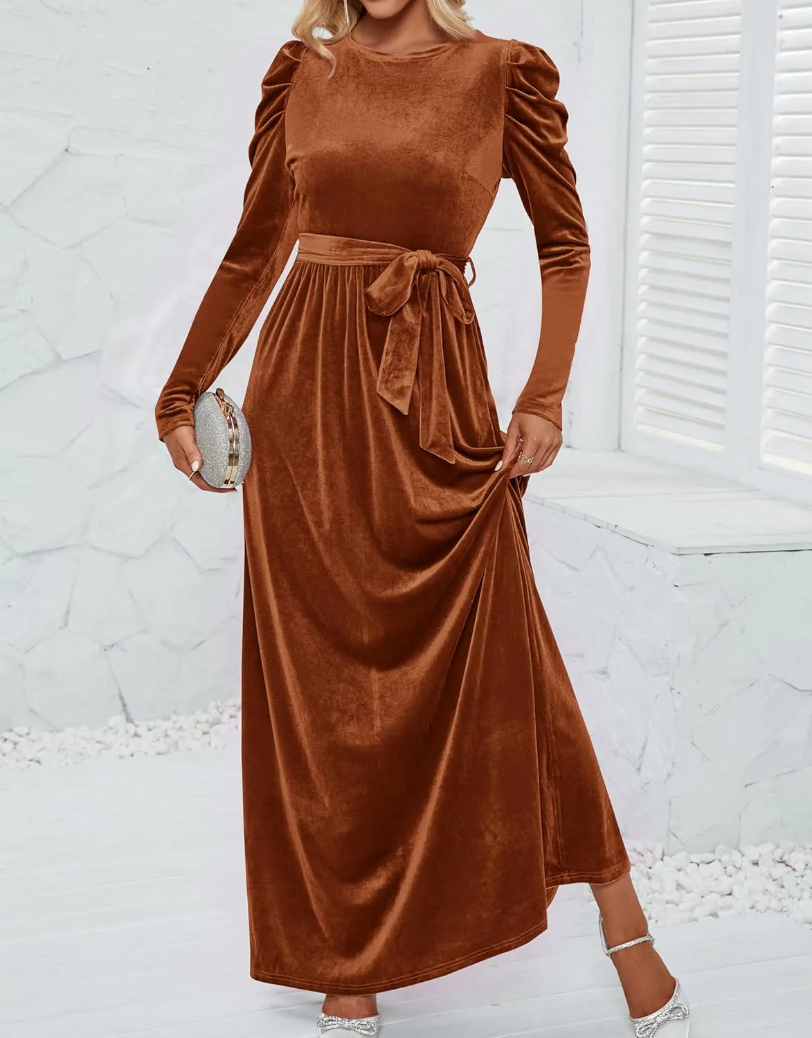 ZESICA Women's Velvet Maxi Dress Long Puff Sleeve Crew Neck Elastic High Waist Cocktail Party Bridesmaid Dresses