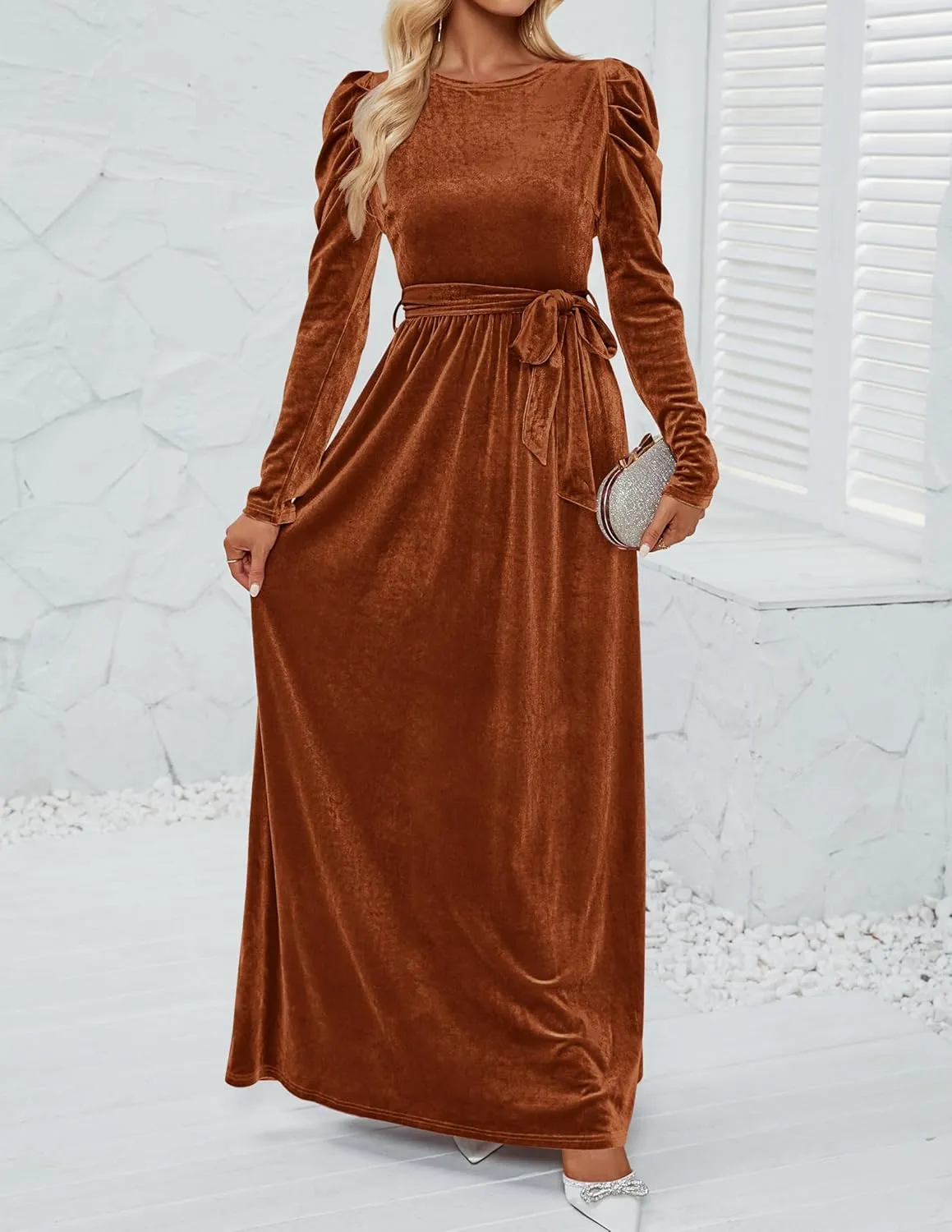 ZESICA Women's Velvet Maxi Dress Long Puff Sleeve Crew Neck Elastic High Waist Cocktail Party Bridesmaid Dresses