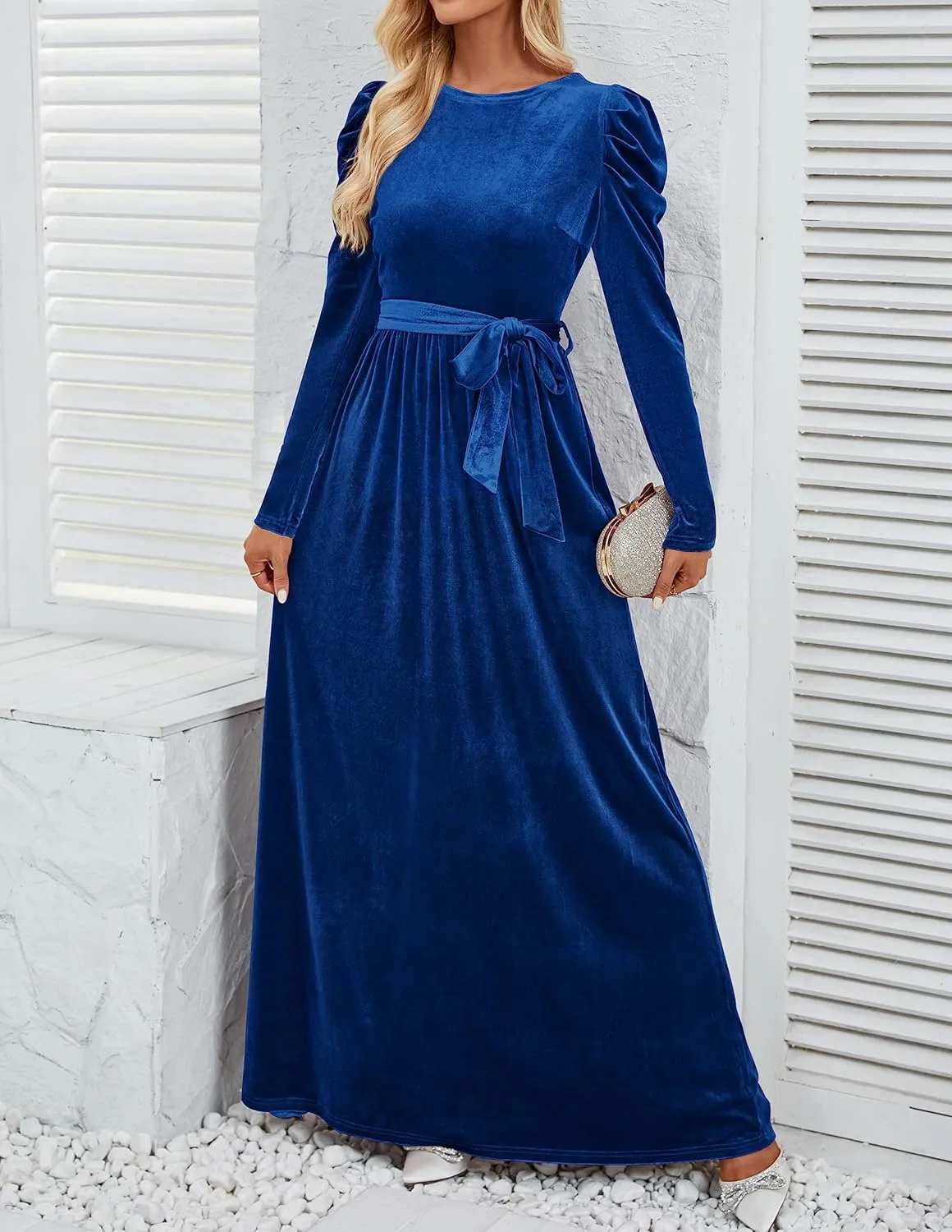 ZESICA Women's Velvet Maxi Dress Long Puff Sleeve Crew Neck Elastic High Waist Cocktail Party Bridesmaid Dresses