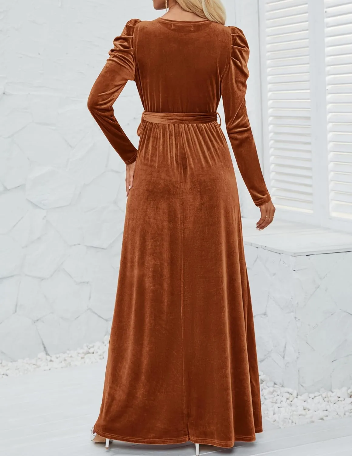 ZESICA Women's Velvet Maxi Dress Long Puff Sleeve Crew Neck Elastic High Waist Cocktail Party Bridesmaid Dresses