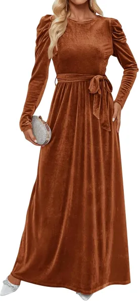 ZESICA Women's Velvet Maxi Dress Long Puff Sleeve Crew Neck Elastic High Waist Cocktail Party Bridesmaid Dresses