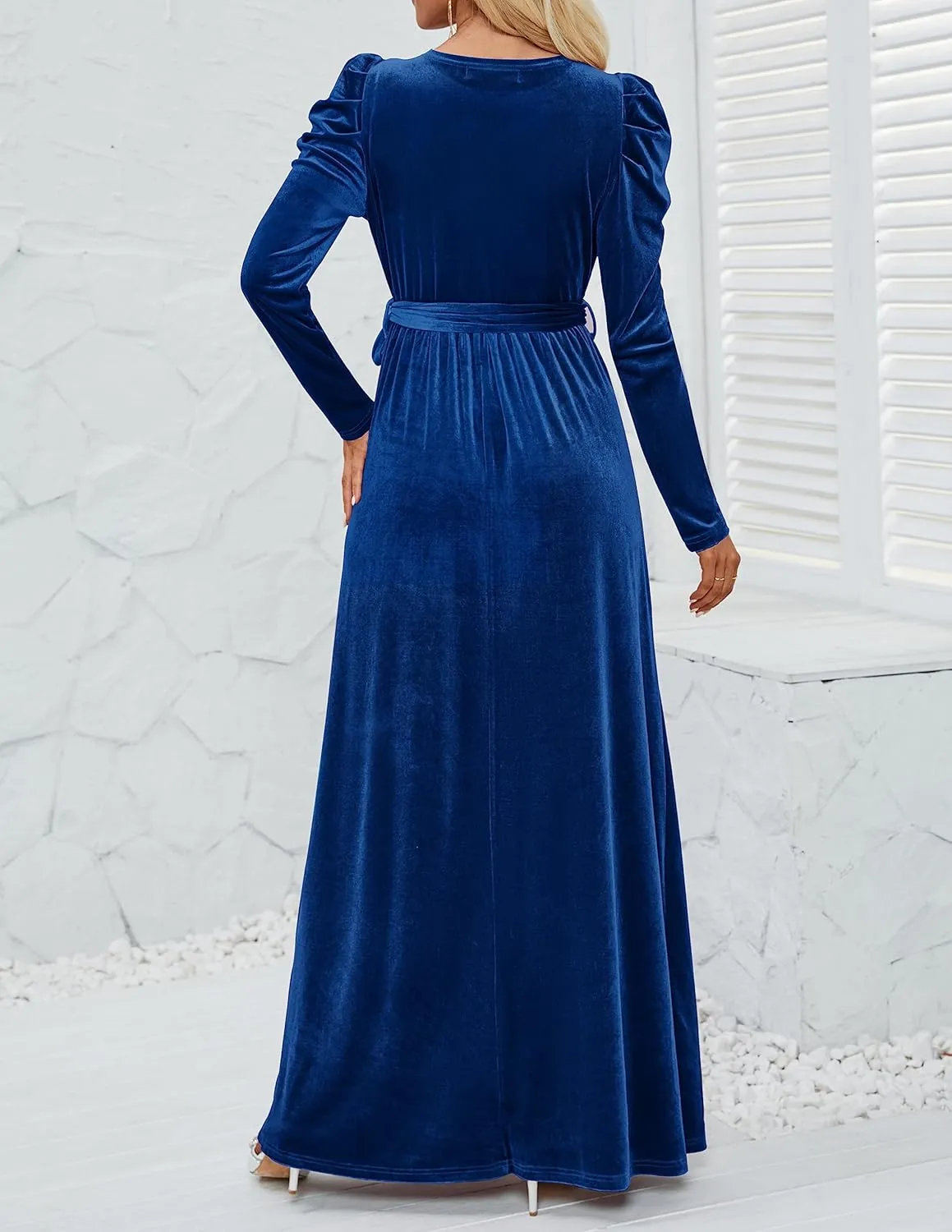 ZESICA Women's Velvet Maxi Dress Long Puff Sleeve Crew Neck Elastic High Waist Cocktail Party Bridesmaid Dresses